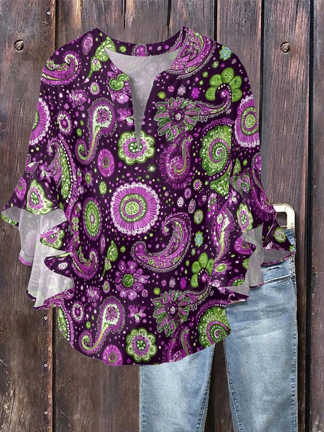 Women's Blouse Ruffle Print Paisley Ethnic Retro Vintage