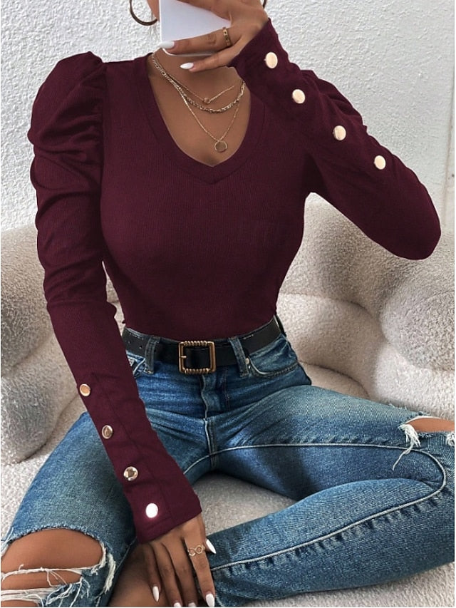 Women's Ribbed Knit Tops Patchwork Buttons Solid Color