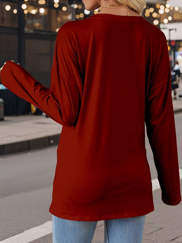 Women's T Shirt  Casual Print Long Sleeve Regular Tops V