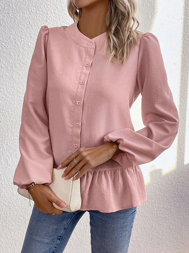 Women's Shirt Blouse Ruffle Blouse Patchwork Buttons Plain