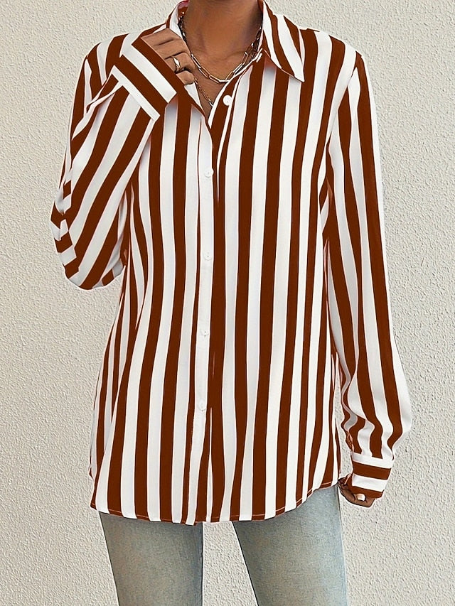 Women's Shirt Blouse Patchwork Buttons Striped Elegant