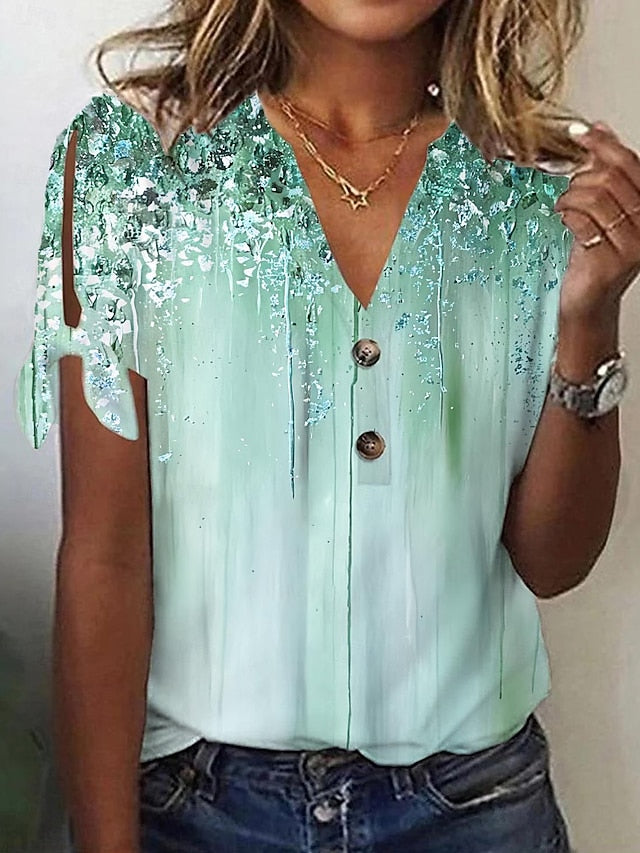 Women's T shirt Tee Graphic Print V Neck Tie Short Sleeve