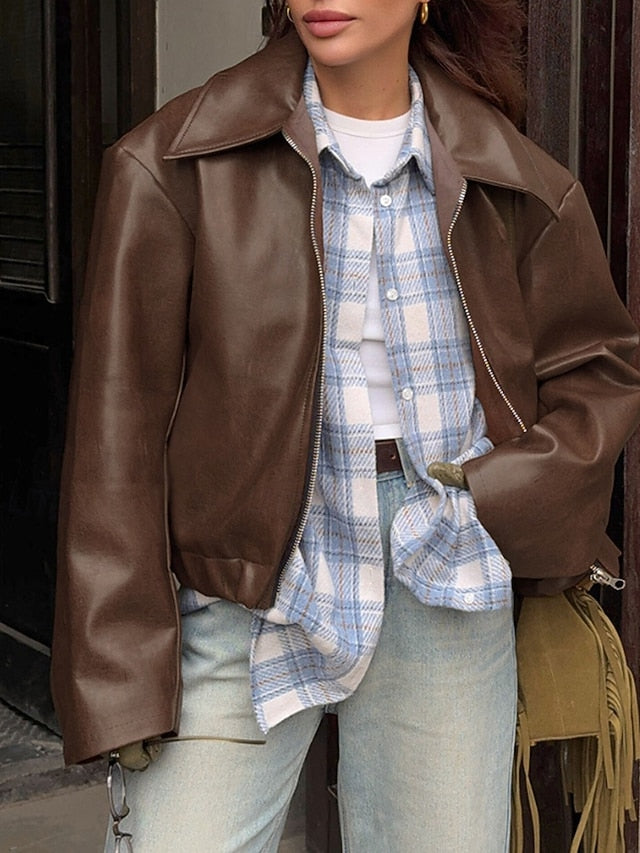 Warm Pocket Faux Leather Comfortable Zipper Jacket Women's