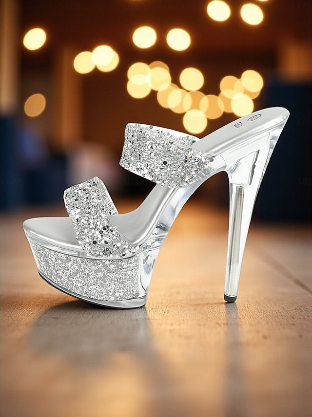 Rhinestone - Heel Peep High Platform Women's Glitter Mules