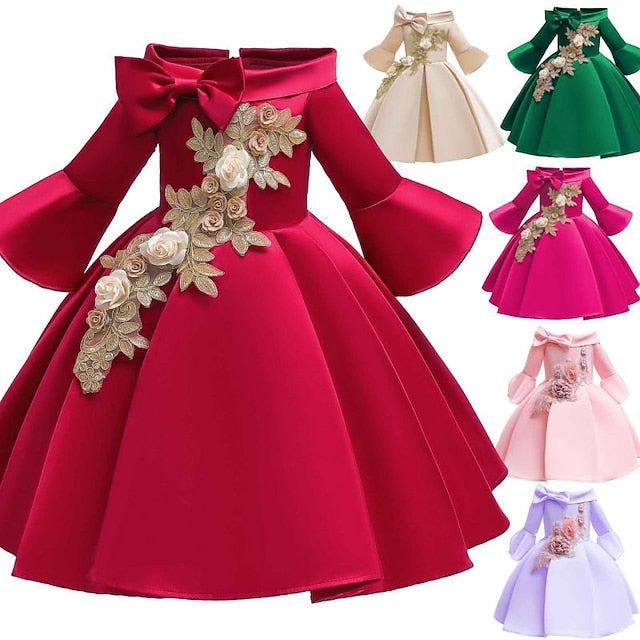 Girls' Sleeve Length Kids Party Formal Floral Dress 3/4