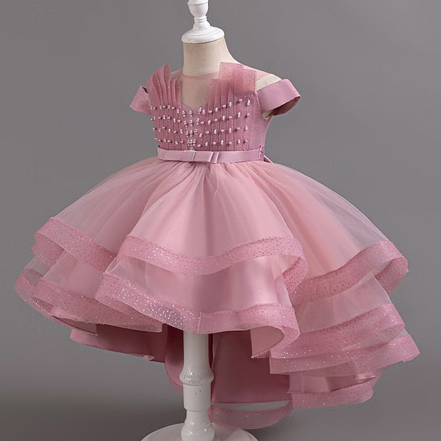 Wedding Solid Short Dress Kids Color Sleeve Girls' Party