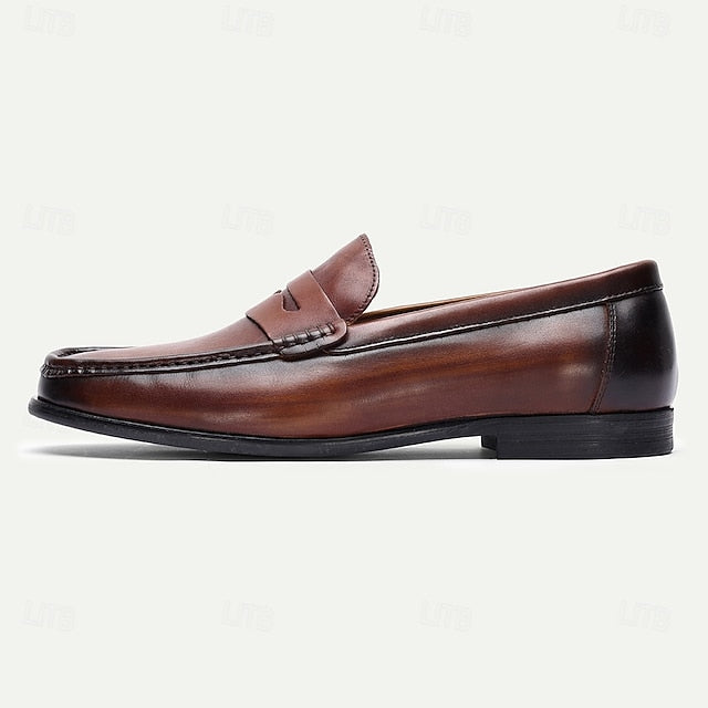Brown Slip-On Shoes Leather Men's Loafers with Penny