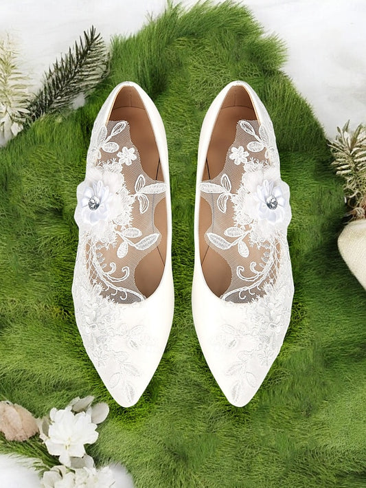 Mesh with Floral White Appliqué Design Shoes and Lace Wedding
