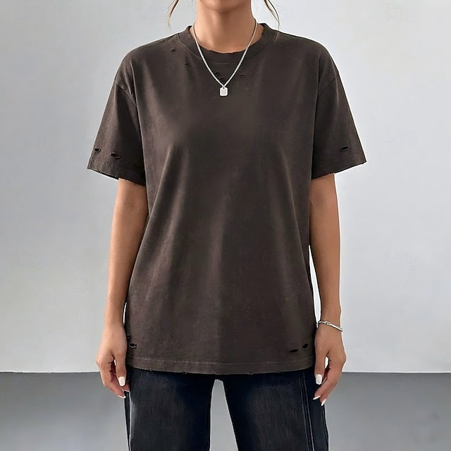 Women's T Shirt 100% Cotton Vintage Washed Tops Cut Out