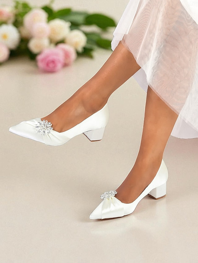 White Block with Women's Pumps Heel Low Crystal
