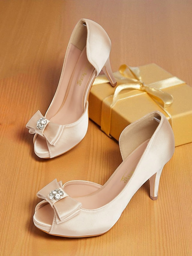 Satin Peep Toe with Heels Women's and Champagne Bow