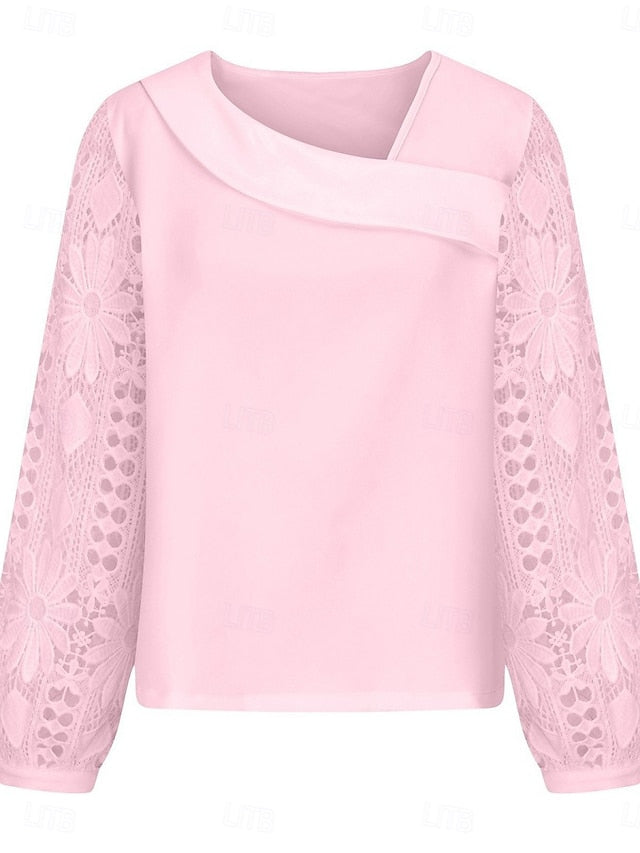 Women's White Elegant Lace Tops Eyelet Blouse Casual Solid