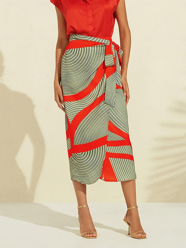 Women's Midi Skirt Green Color Block Elastic Waistband