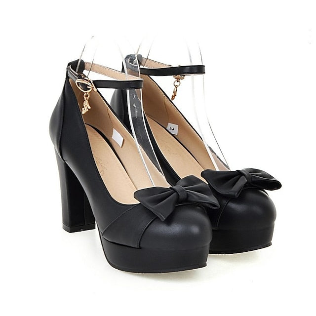 Women's Bow White Elegant – Heels with Detail Chunky