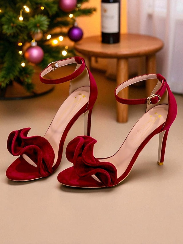 Heel Velvet Ankle Strap Red Elegant High Women's Sandals -