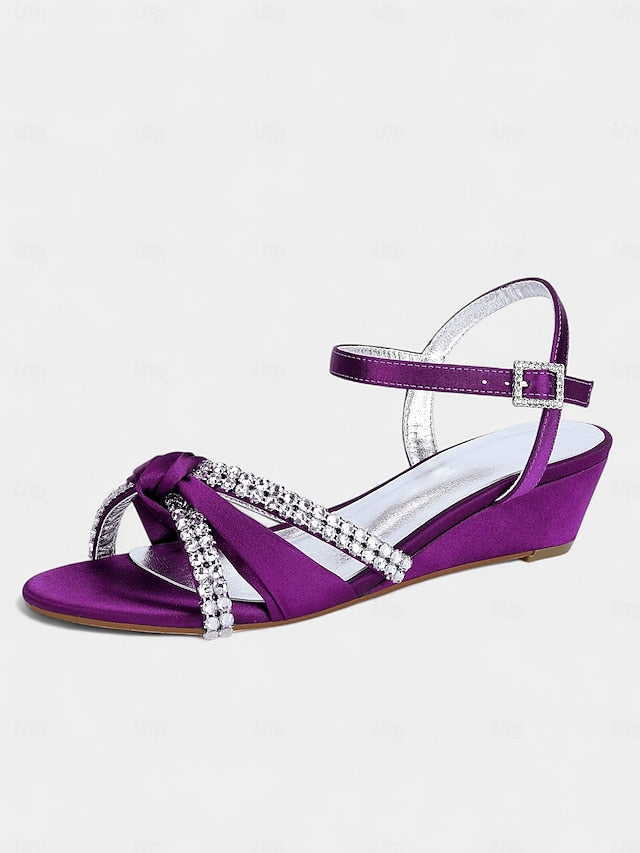 Satin Wedge Sandals Green Women's - Knot Rhinestone