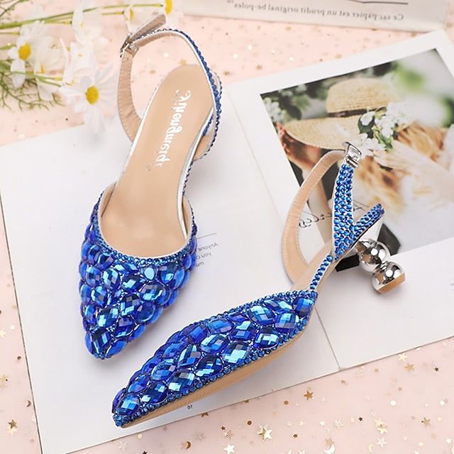 Pointed-Toe Rhinestone High Heels Women's Crystal Slingback