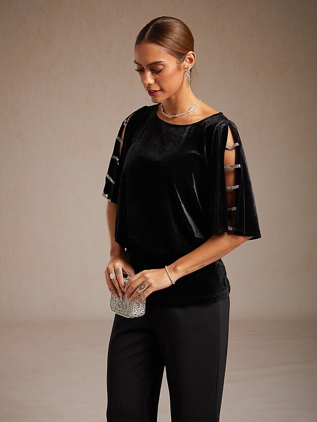 Women's Velvet Dressy Tops Beaded Cut Out Elegant Party