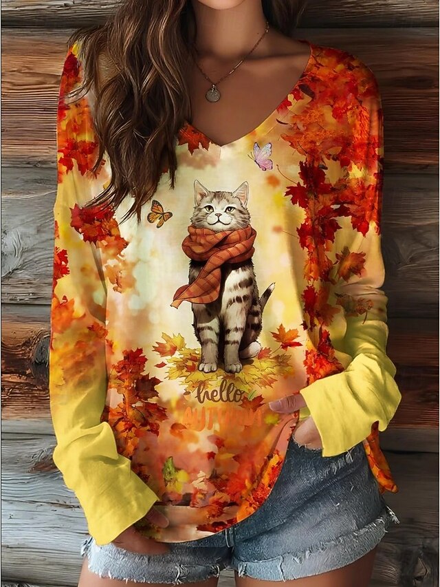 Easter Women's T Shirt Print Floral Graphic Cat Vintage