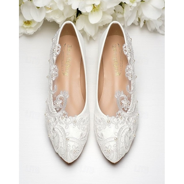 Embroidered Ballet Women's Vintage Lace – White Flats