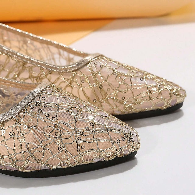 Women's Elegant Sequin Silver Ballet – Mesh Flats
