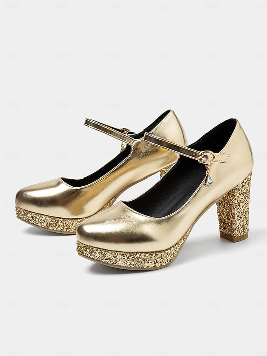 Heel Gold Pumps Sparkly Women's Jane Glitter Block Mary –