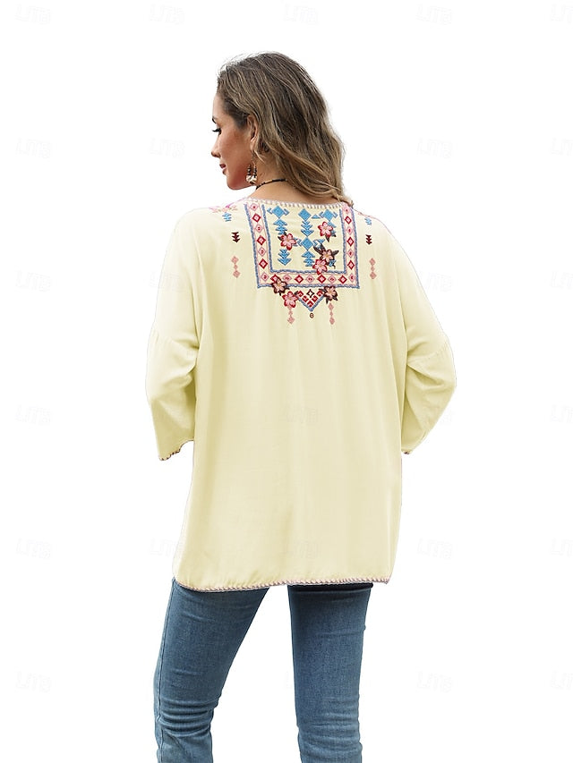 Women's Boho Shirt Embroidered Solid Color Floral Bohemia