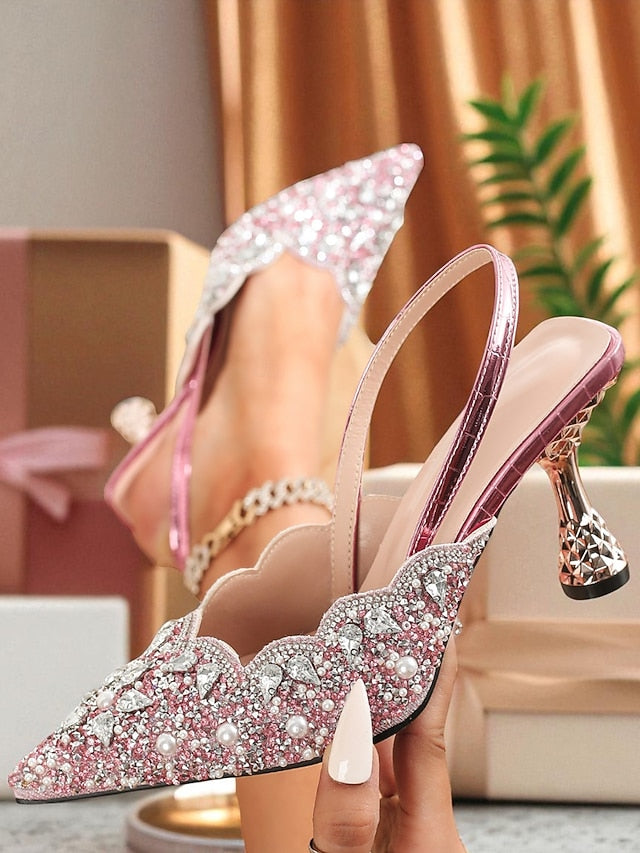 Toe Party - Rhinestone Heels Pointed Women's Slingback Pink