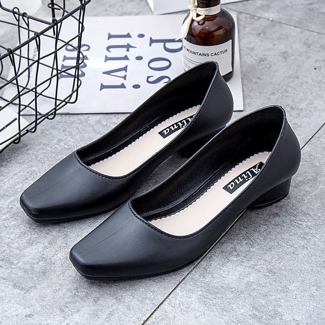Women's Toe Classic Low Heel Pumps Black Round Slip-On –