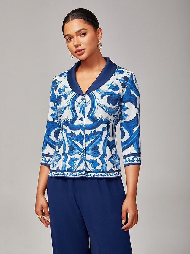 Women's Blue and White Porcelain Print Blazer Notched Lapel