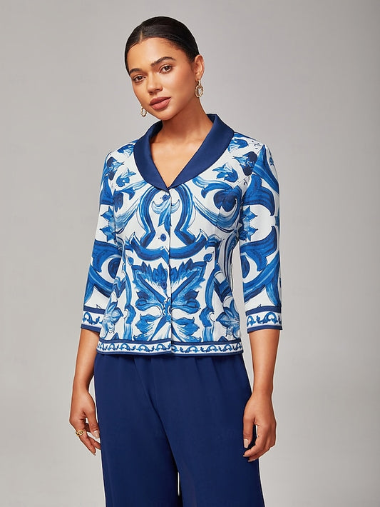 Women's Blue and White Porcelain Print Blazer Notched Lapel