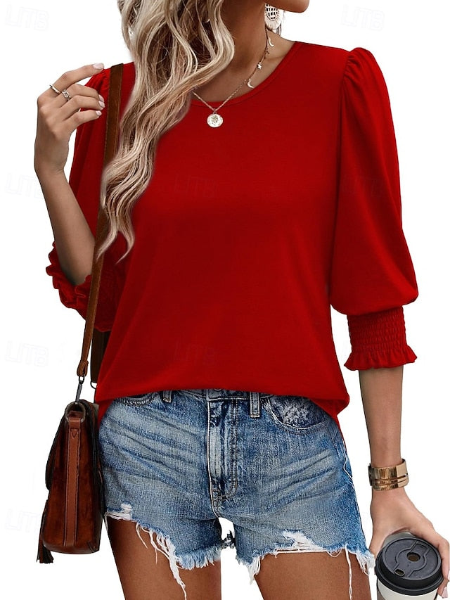 Women's T Shirt Tee Top Plain Casual 3/4 Length Sleeve Crew