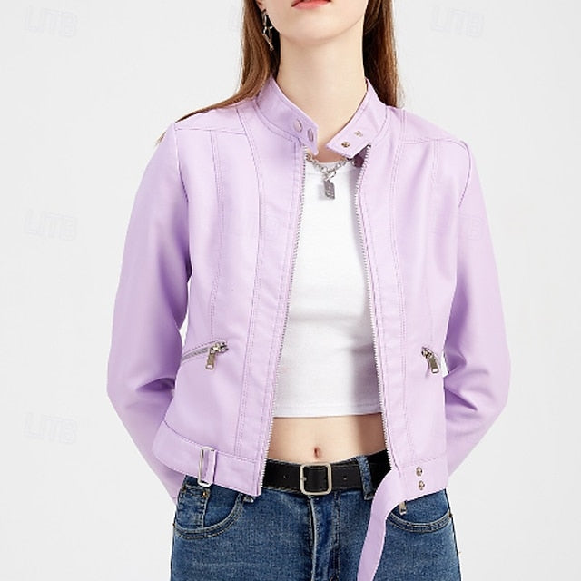 Jacket Pocket Leather Women's Zipper Faux Comfortable