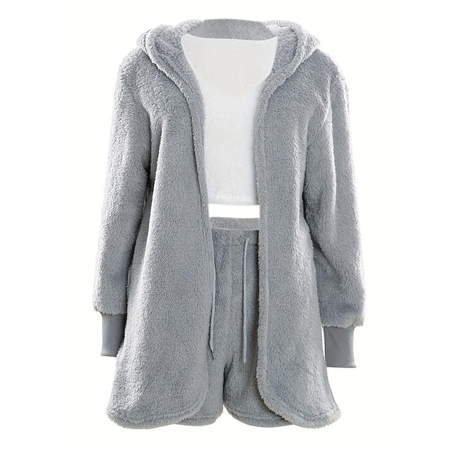 Warm Fuzzy Pajama Set 3PCS Long Sleeve Hooded Robe & Tank