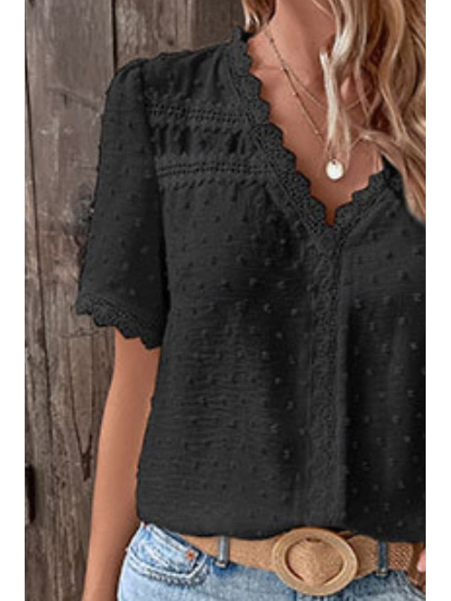Women's T Shirt Lace Solid Color Fashion Short Sleeve V
