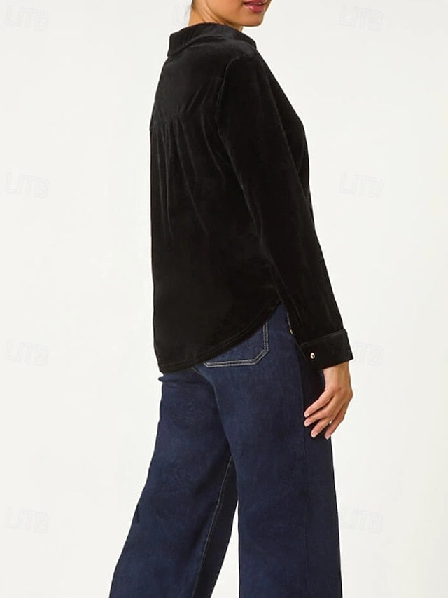 Women's Velvet Blouse Buttons Plain Vintage Stylish Long
