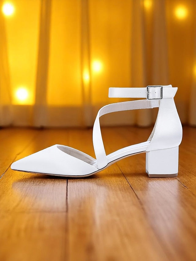 Satin Champagne - Block Toe Women's Heels Pointed