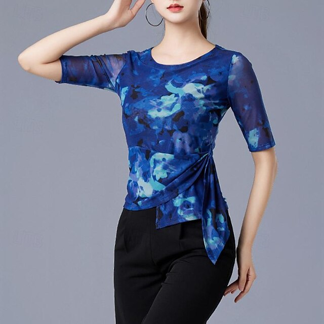 Latin Dance Ballroom Dance Top Printing Splicing Tulle