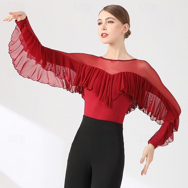 Women's Ballroom Dance Top Sheer Mesh Ruffle Batwing Sleeve