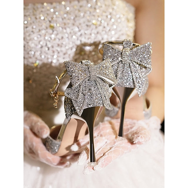 Heels - Pointed Toe Glitter Bow Women's Silver Sparkly