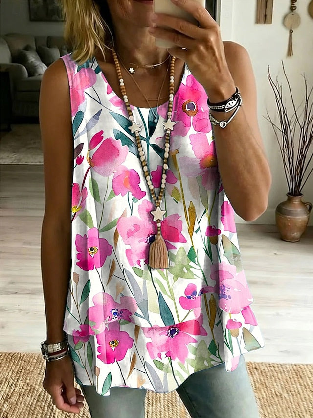 Women's Tank Top Patchwork Layered Print Floral Graphic