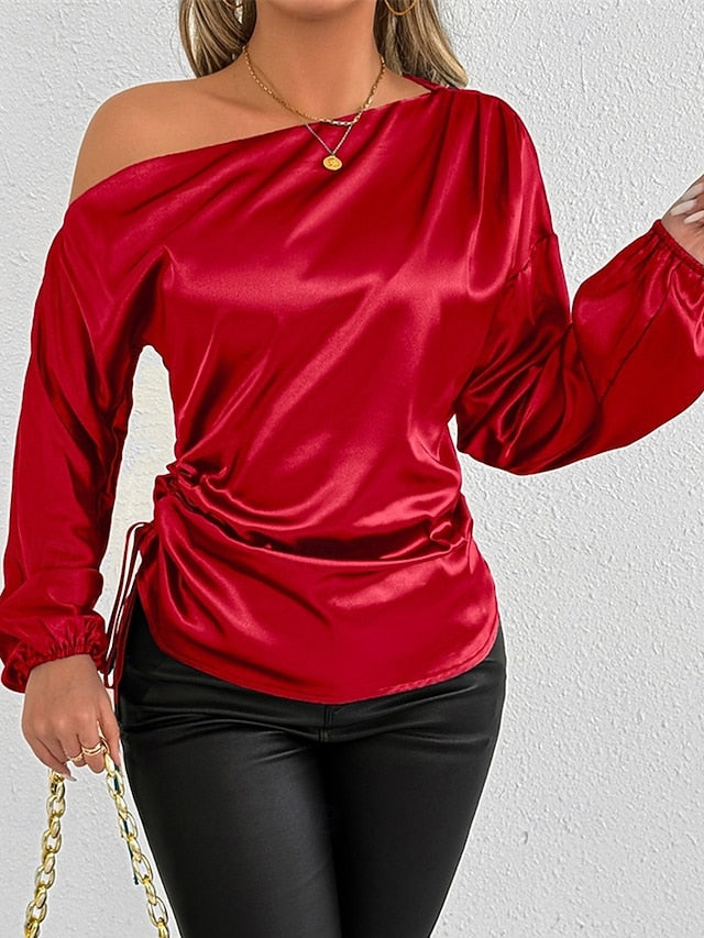 Women's Shirt Elegant Dressy Satin Top Asymmetric Solid