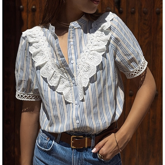 Women's Summer Shirt Button Up Shirt Blouse Lace Ruffle
