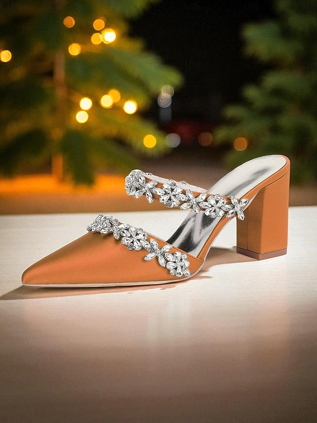 Block Heel Floral with Women's Black Mules Satin Rhinestone