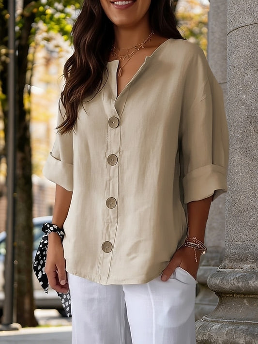 Women's Blouse 100% Cotton Solid Color Basic Casual 3/4