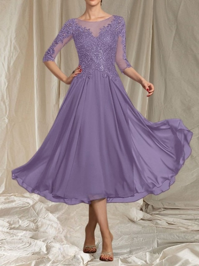 Elegant the of Wedding Bride Mother Neck Crew A-Line Dress Guest