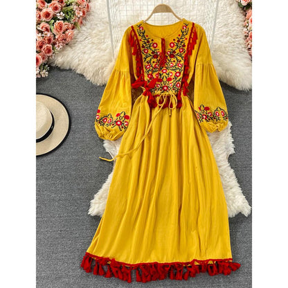 Retro White V-neck Lacing Embroidery Tassel Hem Long Puff Sleeve Dress AR1015