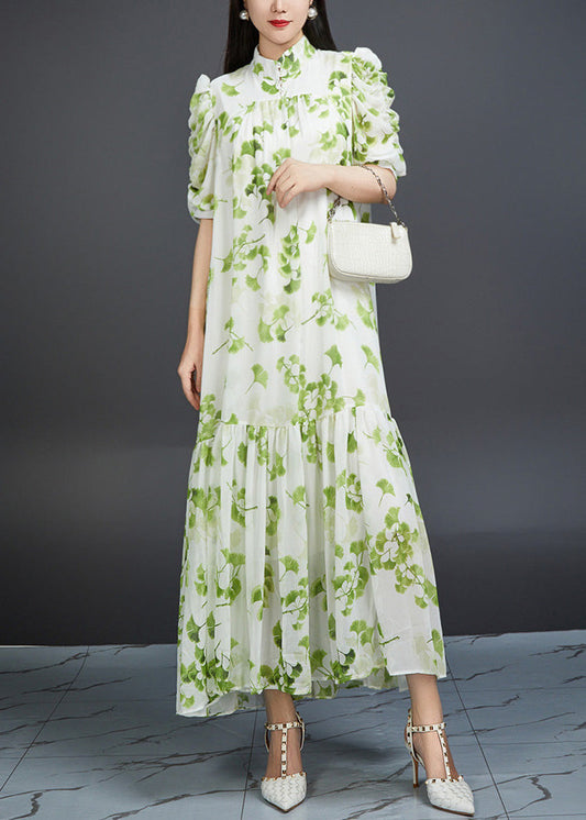 Bohemian Green Wrinkled Print Tie Waist Chiffon Dress Summer AJ1002