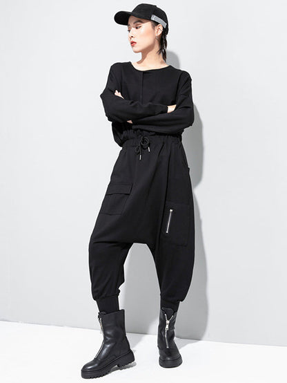 Simple Black Elasticity Waist Pockets Harem Pants WS012