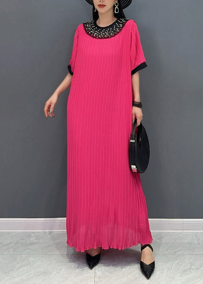 Style Red O-Neck Wrinkled Long Dress Short Sleeve AO1023